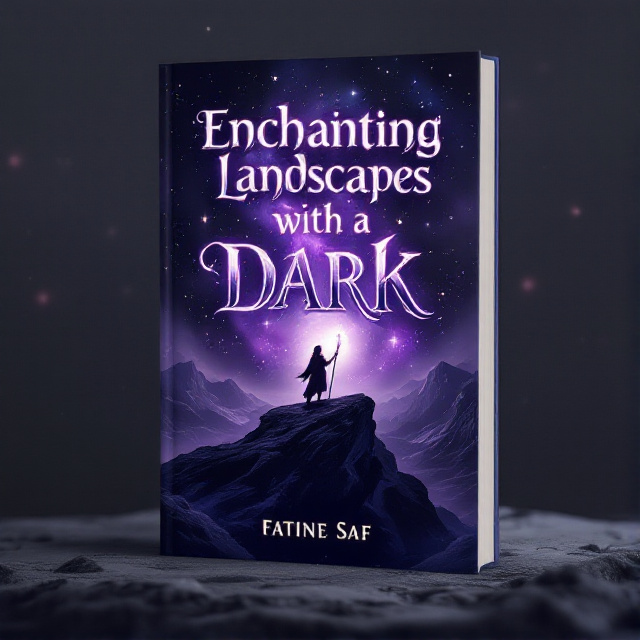 A dark purple background with swirling galaxies and shimmering auroras. In the center, a lone figure stands on a cliff, silhouetted against a moonlit sky. They hold a glowing crystal staff, casting a soft light onto the ground around them.