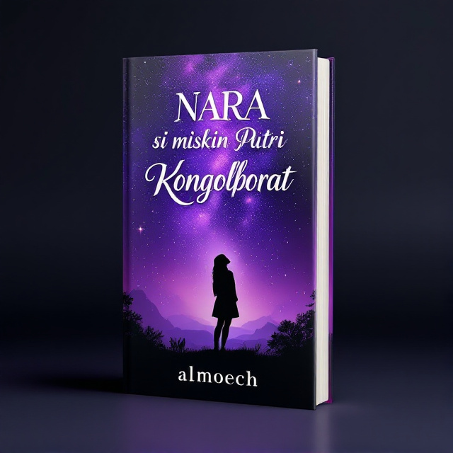 The cover features a vibrant purple background with a dark and starry sky, symbolizing mystery and romance. In the center, a 27-year-old woman stands, looking up at the sky, representing the protagonist's search for her true self. The title "NARA si miskin Putri Konglomerat (COE)" is displayed prominently in bold and elegant typography, catching the reader's attention.