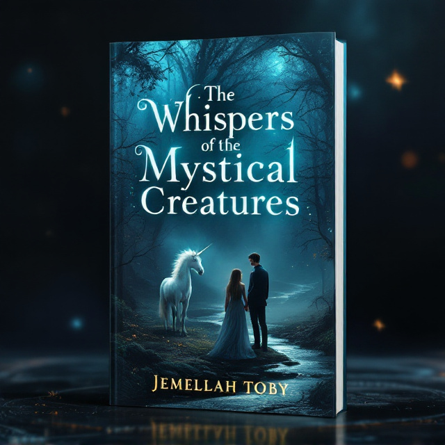 The cover features a dark, mysterious forest with a small river flowing through it. The mystical creature, a majestic unicorn, stands at the edge of the river, gazing into the distance. The princess and the prince are shown in the foreground, standing side by side, looking determined and ready to face any challenges that come their way. The overall tone of the cover is somber, with a hint of romance and bravery.