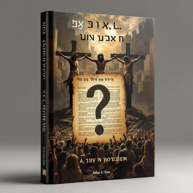 The cover design features a dramatic scene of three people crucified on a hill, with the two on the sides showing clear anguish and suffering, while the one in the middle wears a crown of thorns and casts a shadow in the shape of a question mark. The background showcases the walls of ancient Jerusalem, with shadows of an angry crowd in the foreground. An old document or manuscript is placed in the center as a prominent element, symbolizing the historical aspect of the book. Hebrew and Greek writing elements are incorporated to represent the diverse sources and narratives.