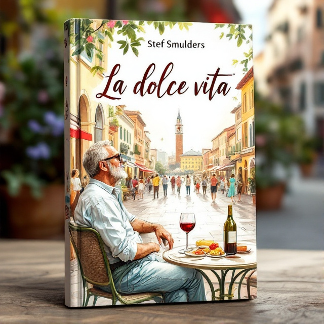 The cover features a detailed drawing of a middle-aged man sitting at a table in a lively historical Italian city square. He is leaning back, facing sideways away from us, observing the people passing by. The scene is filled with vibrant and lively colors to convey a relaxed and satisfied atmosphere. On the table, there is a bottle and glass of red wine, along with some appetizing snacks.