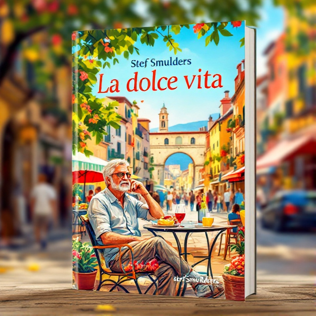 A vibrant illustration of a middle-aged man sitting at a table on a historical Italian city square. The man is leaning slightly back, observing the people around him. The scene is filled with lively colors, depicting a relaxed and satisfied atmosphere. On the table, there is a bottle and glass of red wine, as well as some delicious snacks.