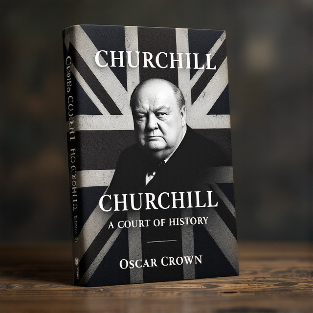 The cover features a portrait of Churchill, in black and white, with a faded British flag as the background. The subtitle, "COURT OF HISTORY," is placed below the portrait, in bold white letters.