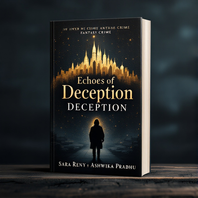 The cover features a dark and mysterious background with a golden silhouette of a cityscape, representing the fantasy crime genre. The title "Echoes of Deception" is prominently displayed in bold gold font, with subtle echoes surrounding the text. A shadowy figure is seen in the foreground, adding an element of intrigue and mystery.