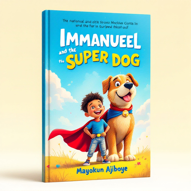 The cover features a vibrant and whimsical illustration of a young boy, Immanuel, standing next to a larger-than-life super dog. Immanuel is shown with a big smile on his face, while the super dog has a cape flowing behind him, conveying a sense of adventure and excitement.