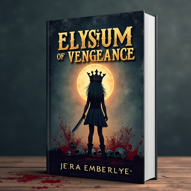 The cover features a dark, vintage background with a subtle texture. In the center, there is a realistic illustration of a girl, Hera Emberlyn, standing tall and holding a knife. Behind her, there is a crown made of skulls, symbolizing power and vengeance. Blood splatters add a touch of intensity and action to the overall composition.