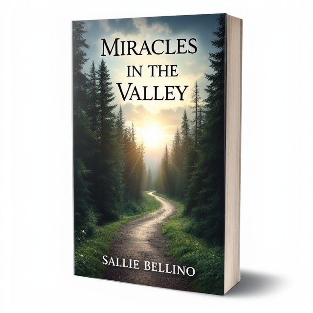 The cover will feature a dark valley path winding through tall evergreen trees. The path will lead towards the center of the cover where the sun is shining through the clouds, creating a ray of light that illuminates the path. The overall mood of the cover will be peaceful and hopeful, with a sense of spirituality.