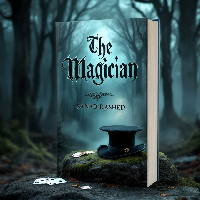 A dark and mysterious forest scene with tall, gnarled trees and a thick fog rolling in. In the foreground, a magician's hat sits on a moss-covered rock, with playing cards and an ornate key scattered around it. The title "The Magician" is written in bold, gothic-style font, emerging from the fog. The author's name, Sanad Rashed, is displayed in smaller, elegant font at the bottom of the cover.