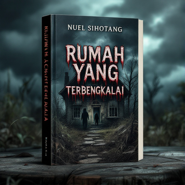 A creepy, dilapidated house with broken windows and overgrown weeds in the foreground. Dark clouds loom overhead, creating a foreboding atmosphere. A shadowy figure lurks in the background, adding a sense of mystery and danger.