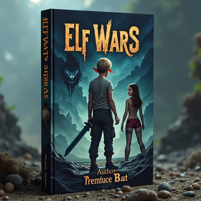 The cover features a dramatic scene of a thirteen-year-old blonde elf boy standing in a dark wasteland, holding a sword, and facing off against a menacing monster. He is positioned in the foreground, while in the background, a thirteen-year-old elf girl with brown hair is shown, wearing a revealing outfit, and looking vulnerable. The overall tone of the image is adventurous, dark, and mature.