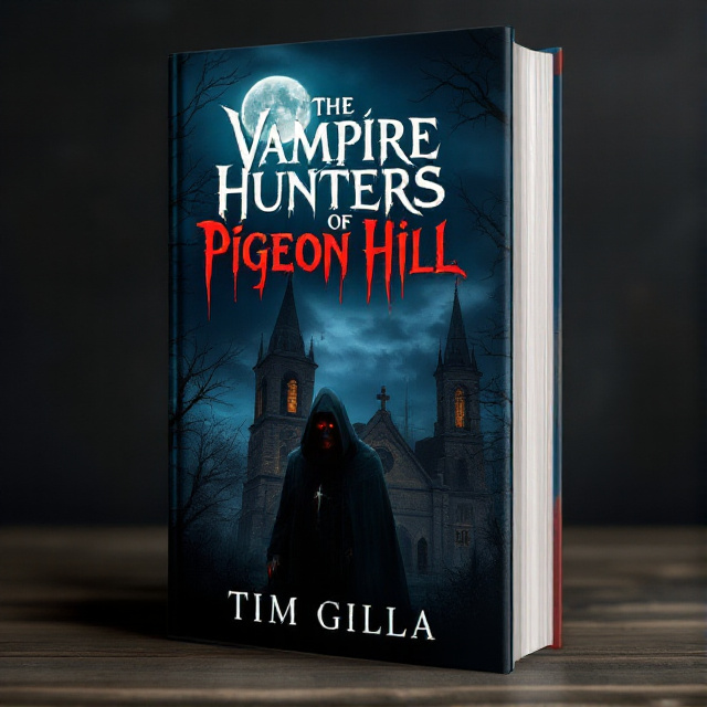 The cover features a Romanian Catholic church in the background, with a full moon hanging in the night sky. In the foreground, a vampire priest emerges from the shadows, his eyes glowing red and his fangs exposed.