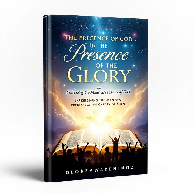 An ethereal landscape in deep blues and purples transitioning to warm golds and whites. An open Bible at the center with light emanating from its pages. Silhouettes of people worshipping in the foreground, expressing joy and awe. Subtle motifs of stars and clouds enhance the celestial theme. A faint outline of a cross and dove integrated into the background.