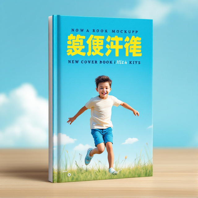 A young boy wearing a short shirt and shorts, running freely on a grass field with a blue sky background.
