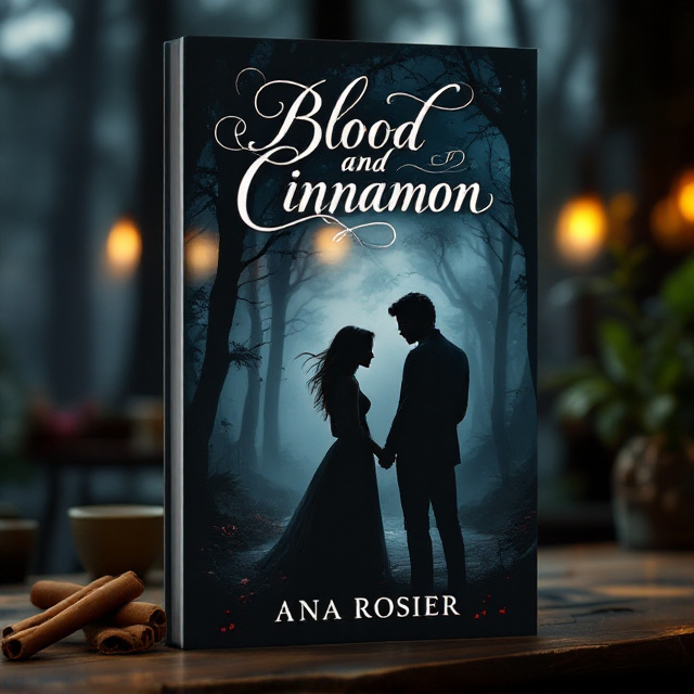 The cover features Kira and Lorenzo's silhouettes standing in a dimly lit café setting. Kira is facing slightly towards the viewer, expressing curiosity and vulnerability, while Lorenzo stands behind her, portraying a protective and enigmatic presence. The misty forest background fades into darkness, symbolizing the hidden dangers in their relationship. A cinnamon stick motif is subtly integrated near the elegant typography of the title, with a faint blood splatter effect in the lower part of the cover.