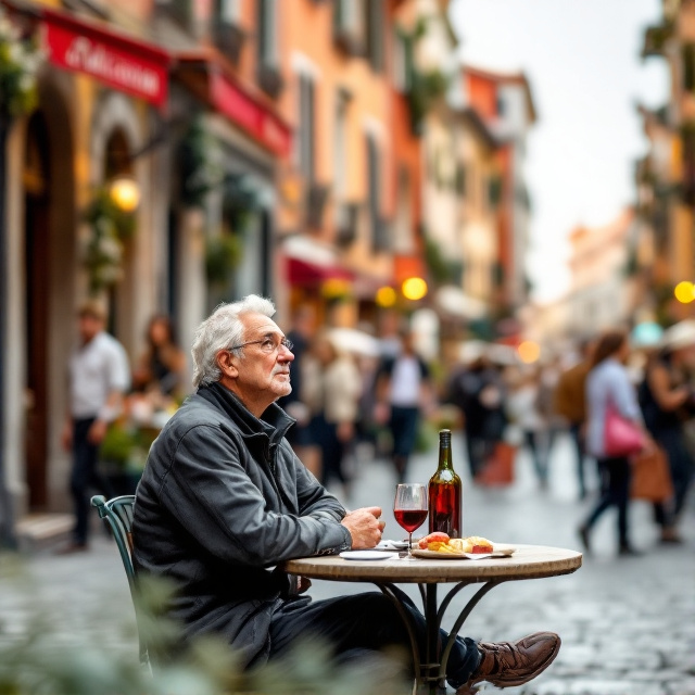 A vibrant and lively historical Italian city square with a middle-aged man sitting at a table, leaning slightly back and facing sideways. There is a bottle and glass of red wine on the table, along with some snacks. The man is observing the people passing by.