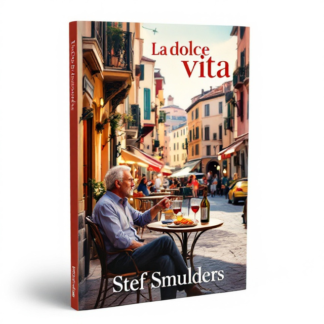 A vibrant and lively historical Italian city square with a middle-aged man sitting at a table, leaning slightly back and looking away from the viewer. The man is enjoying aperitivo, with a bottle and glass of red wine and some snacks on the table.