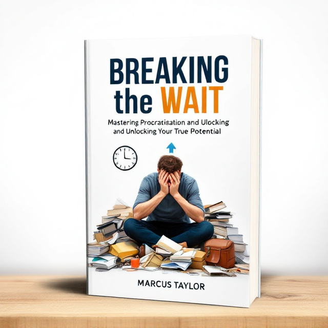 The cover features a frustrated person sitting amidst a pile of unfinished tasks, symbolizing the theme of procrastination. The person's posture and facial expression capture the emotions of frustration and anxiety. In the background, there is a clock ticking, representing the urgency to overcome procrastination. Above the person, there is an upward arrow, depicting progress and unlocking true potential.