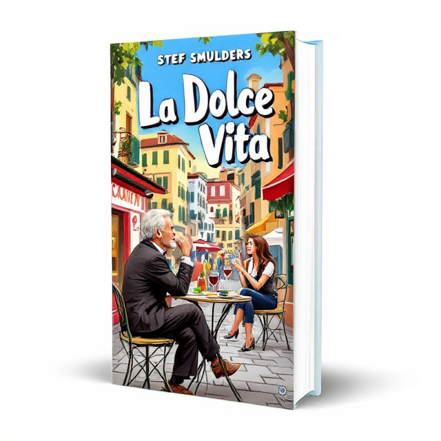 The cover features a vibrant illustration of a bustling Italian city square, where a middle-aged man is seated at a table. He is leaning slightly back, looking away from us, observing the lively scene. In front of him, an Italian couple is gesticulating passionately. On the table, there is a bottle and glass of red wine, along with some appetizers. The colors are vibrant and lively, capturing the essence of the book's genre.