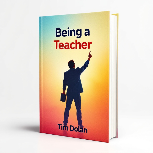 The cover features a vibrant background with a gradient of warm colors, representing the enthusiasm and passion of being a teacher. In the foreground, there is a silhouette of a teacher standing confidently, holding a book in one hand and pointing towards the sky with the other. The silhouette is filled with a subtle texture, giving it a sense of depth and dimension.