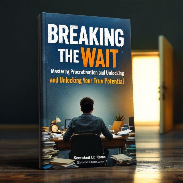 The cover features a frustrated individual sitting at a cluttered desk with papers and a clock, symbolizing procrastination. However, in the background, there is a bright, glowing door representing the potential for change and transformation.