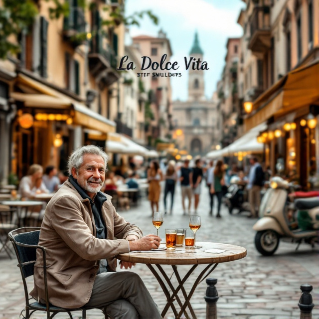 The cover features a middle-aged man sitting at a table in a bustling Italian city square, enjoying aperitivo. The background showcases classic Italian architecture and outdoor cafes. An Italian couple engaged in conversation and a young Italian on a vespa scooter add to the lively scene.