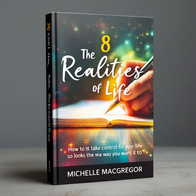 The cover features a close-up of a person's hand writing in a notebook, with vibrant colors and energy radiating from the words on the page. The words "The 8 Realities of Life" are written in bold, dynamic fonts, while "How to take control of your life so it looks the way you want it to" is written in a more elegant and flowing script. The background is a mix of red, yellow, green, and blue, representing the different aspects of life and the emotions associated with them.