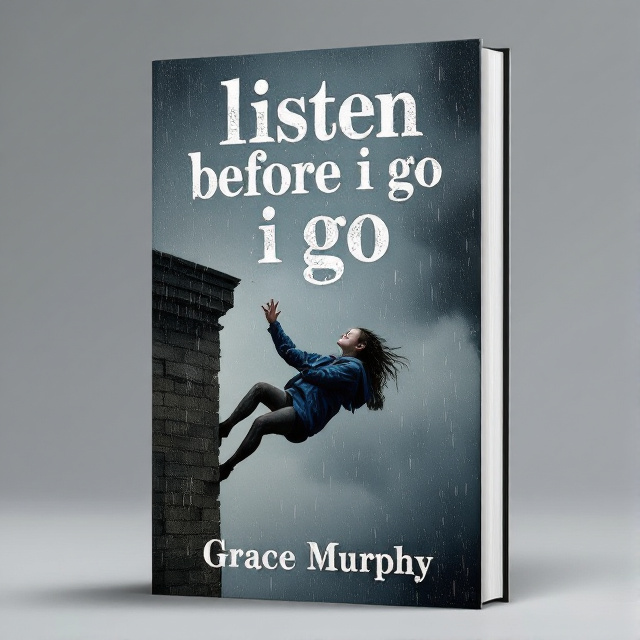 The cover features a girl falling backward off a building against a gray sky background. She is depicted with no hair, pale skin, and is wearing a blue hoodie. She is shown reaching back up for the ledge while tears stream down her face. Raindrops are falling around her.
