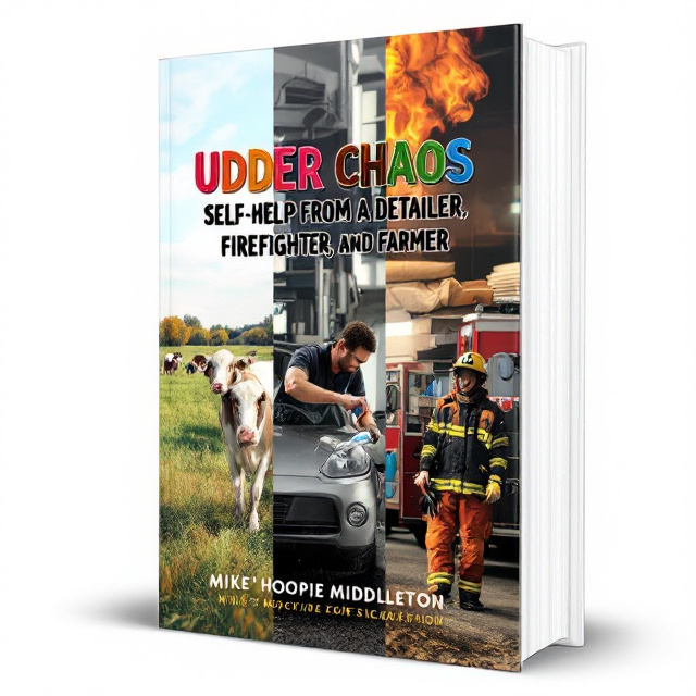 The cover features a split-screen design, with three distinct panels representing the different aspects of the book. The left panel shows a dairy farm scene, with cows grazing in a lush field. The middle panel depicts a person meticulously detailing a car, with various cleaning tools and products in the background. The right panel showcases a firefighter in full gear, standing in front of a fire truck.