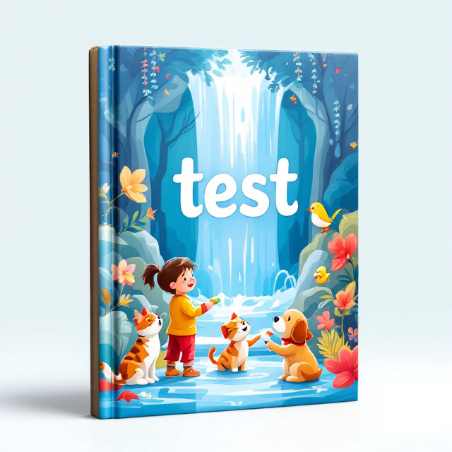 The cover features an illustration of three happy kids feeding a cat, a dog, and a bird near a beautiful, flowing blue fountain. The kids are smiling and the animals are playful, conveying a sense of happiness and joy.