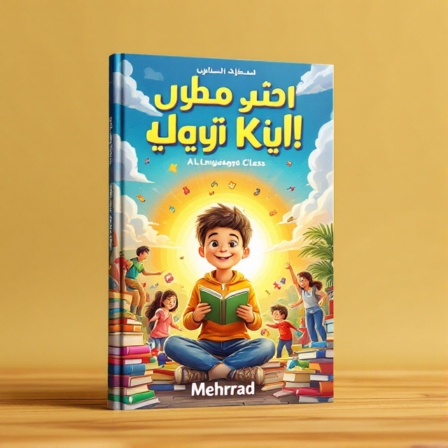 The cover features a vibrant and energetic scene, depicting a young boy (Mehrad) surrounded by books, playing with friends, and engaging in various activities such as language classes and games. The background showcases a bright sky with a sunrise, symbolizing a hopeful and promising future.