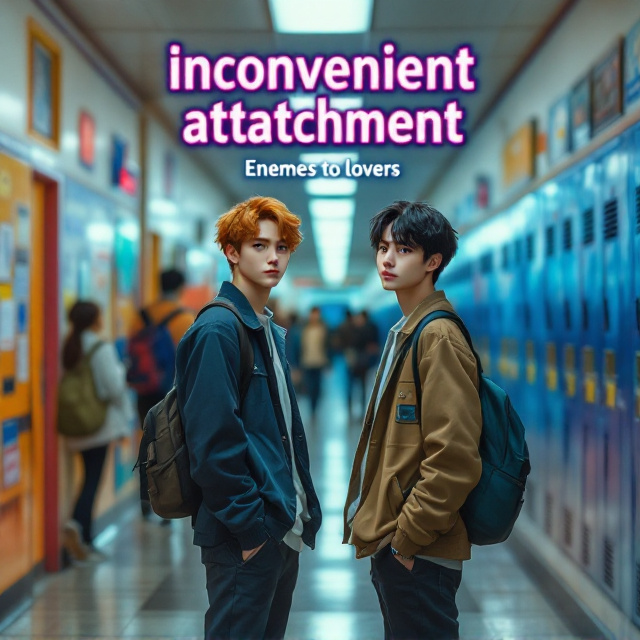 The cover features a split-screen design, with the left side showing a vibrant and busy Japanese high school hallway, complete with lockers and students walking to class. On the right side, we see the two main characters standing opposite each other, representing the enemies to lovers theme. The boy with ginger hair and yellow eyes is positioned on the top, looking confident and sweet, while the boy with black hair and blue eyes is positioned at the bottom, with a hint of mischief in his eyes. Both characters are wearing their school uniforms.