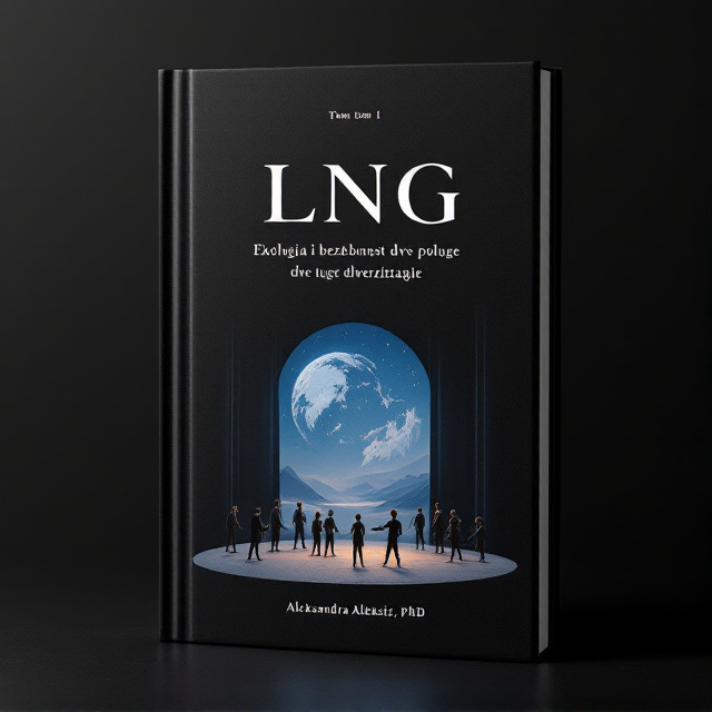 The cover design features a minimalist style with a matte black background. In the center, the Arctic circle is depicted, symbolizing the ecological aspect of the book. Above the Arctic circle, a theatre stage is represented, representing manipulation or performance. Marionettes are positioned on the stage, further emphasizing this concept.