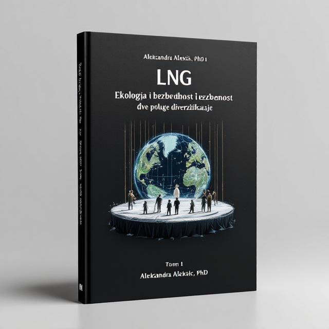 The cover design features a minimalist approach with a matte black background. In the center of the cover, there is an Arctic circle symbolizing the ecological aspect of the book. On top of the Arctic circle, there is a theatre stage with marionettes representing the concept of performance or manipulation. The theatrical scene contains elements of global warming, nature, and safety. The visual elements are centered beneath the title and author's name, creating a balanced composition.