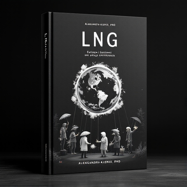 The cover design features a minimalist approach with a matte black background. In the center, the arctic circle is depicted, symbolizing ecology. Surrounding the arctic circle is a theater stage, with marionettes representing the concept of performance and manipulation. The marionettes are dressed in costumes with nature elements, some holding umbrellas and others wearing protective suits.