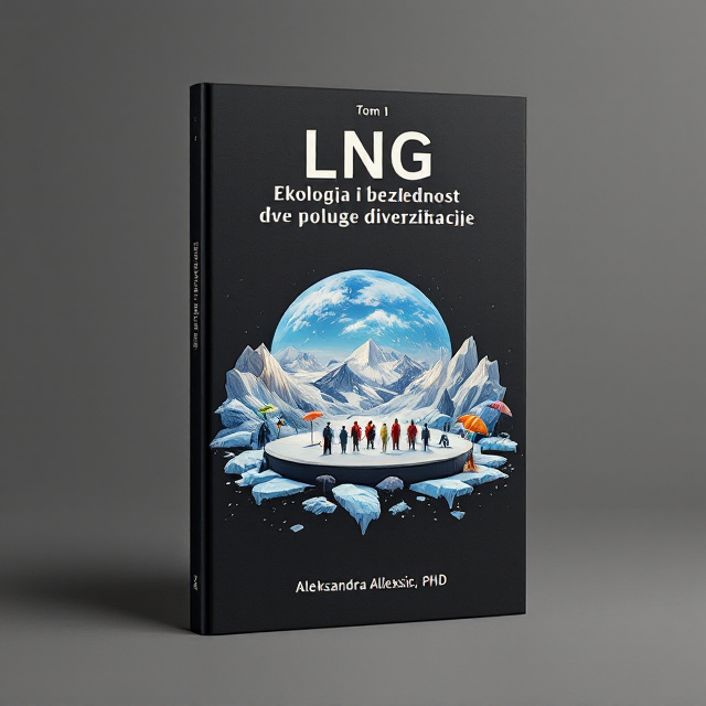 The cover features a minimalist design with a matte black background. In the center, there is a striking image of the Arctic circle, representing the ecological theme of the book. On top of the Arctic circle, there is a theater stage set up with marionettes dressed in costumes inspired by nature and energy security. Surrounding the theater stage, there are images of melting glaciers and umbrellas and shields symbolizing the issues of global warming and security.