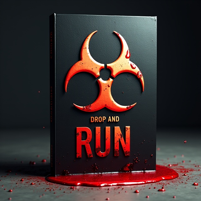 The cover features a dark background with a prominent biohazard sign written on the floor in a hasty, blood-like substance. On top of the sign, there is a DROP AND RUN radioactive cobalt 60 symbol, creating a sense of danger and urgency.