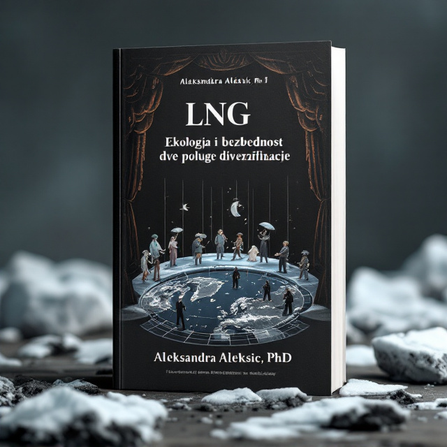 The cover features a matte black background with the arctic circle symbolizing ecology. On the top half of the cover, there is a theatrical stage with marionettes. Some marionettes are dressed in costumes and carry umbrellas, while others wear the costumes of coal miners. Under the stage, there is a map of the Arctic Circle. In the background, there are elements of nature, including melting glaciers.