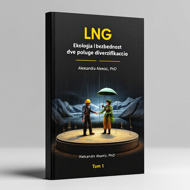 The design features a minimalist approach with a matte black background. At the center of the cover is a theater stage with two marionettes representing performance and manipulation. One marionette wears a coal miner costume, symbolizing energy security, while the other has a leaf costume and carries an umbrella, representing environmental concerns. The theater stage is placed on top of a map of the Arctic Circle, symbolizing ecology. In the background, there are melting glaciers, depicting the impact of global warming.