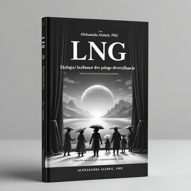 The cover features a black and white image of the Arctic circle in the background, symbolizing the ecological theme of the book. In the foreground, there is a theater stage with curtains, representing performance and manipulation. On the stage, there are javajka marionettes dressed in costumes that depict environmental and energy security topics, such as umbrellas and shields. The marionettes are positioned in a way that suggests movement and action, adding interest to the design.