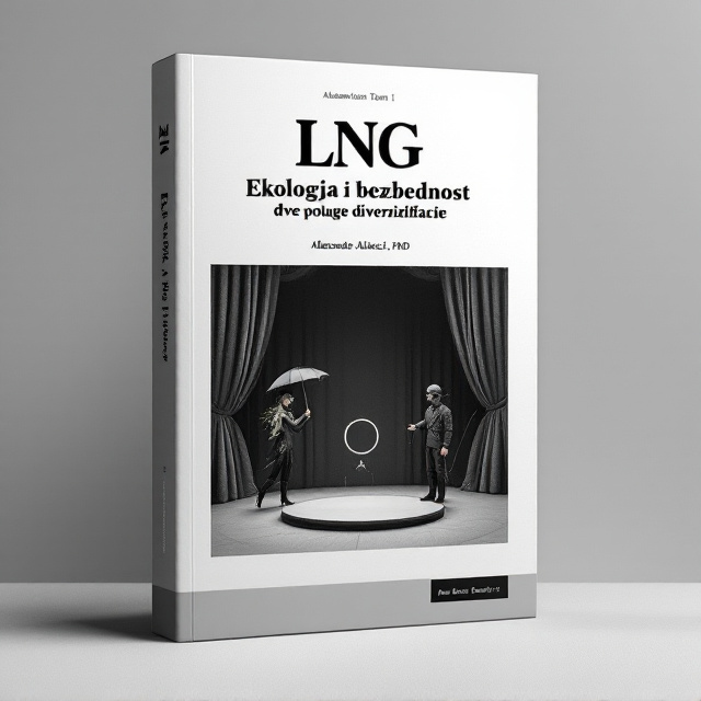 The cover features a minimalist design with a black and white color scheme. The arctic circle is placed at the center of the cover, symbolizing the book's focus on ecology. On either side of the arctic circle, there is a theater stage with curtains, representing performance and manipulation. On the left side, a marionette with a costume made of leaves and vines holds an umbrella, symbolizing the protection of the environment. On the right side, another marionette wears a coal miner's costume, representing the theme of security. The background is textured to resemble the melting of glaciers.