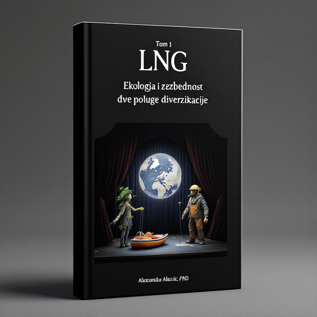 The cover features a minimalist design with a matte black background. In the center, there is an arctic circle symbolizing ecology. On a theater stage, two marionettes, one dressed in leaves and vines with an umbrella and standing on a rubber boat, and the other wearing a coal miner's costume, represent environmental and energy security topics. A curtain and a map of the Arctic Circle are placed behind the marionettes.