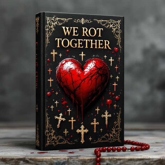 The cover features a black background with a large, central image of a bloody heart. Surrounding the heart are religious icon elements such as crucifixes and rosary beads. The overall style is dark and mysterious, with gold accents adding a touch of elegance.