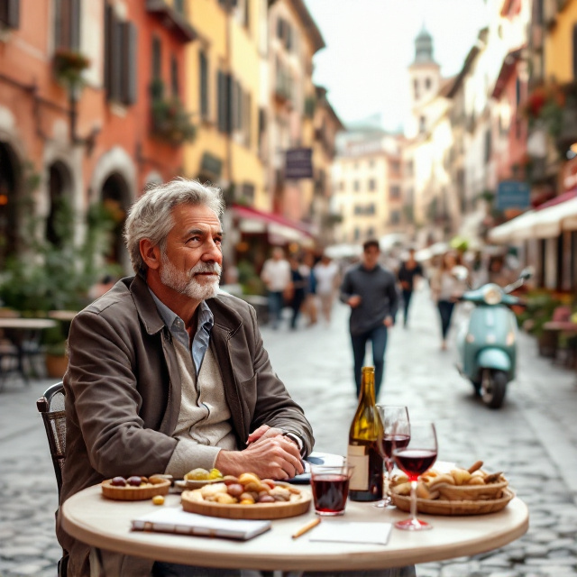 A friendly middle-aged man sitting at a table enjoying aperitivo in a bustling historical Italian city square. The table features a bottle and glass of red wine, accompanied by typical Italian snacks like olives and nuts, and a notebook and pen. The man leans slightly back, looking sideways away from the viewer, observing the lively scene with curiosity. In front of him, an Italian couple stands, actively engaged in conversation, gesticulating with expressive hand movements. The background showcases classic Italian architecture, with cobblestone streets, old buildings, and outdoor cafes, capturing the vibrant and authentic atmosphere of the square. A young Italian is approaching on a Vespa scooter.