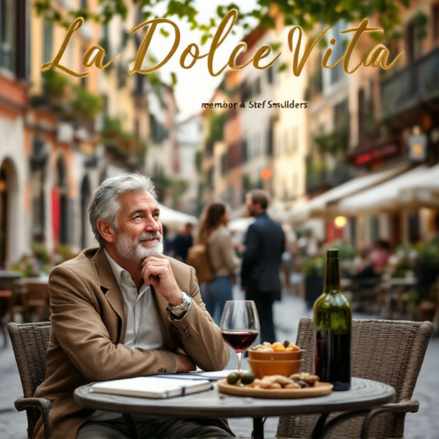 A friendly middle-aged man sits at a table enjoying aperitivo in a bustling historical Italian city square. The table features a bottle and glass of red wine, accompanied by typical Italian snacks like olives and nuts, and a notebook and pen. The man leans slightly back, looking away from the viewer to the square, observing the lively scene with curiosity. In front of him, an Italian couple stands, actively engaged in conversation, gesticulating with expressive hand movements. The background showcases classic Italian architecture, with cobblestone streets, old buildings, and outdoor cafes, capturing the vibrant and authentic atmosphere of the square.