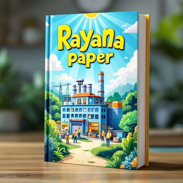 The cover features a vibrant and colorful illustration of a paper manufacturing factory with rays of sunshine breaking through the clouds. The factory is surrounded by lush greenery and happy workers, symbolizing the joyful and positive aspects of the manufacturing industry.