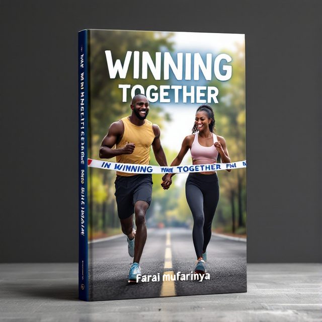 The cover features a black couple crossing a finish line hand in hand, symbolizing unity and shared victory. They are shown in athletic gear with joyful expressions, embodying strength and teamwork. Their hands are raised in celebration as they break through the finish tape, emphasizing the theme of "winning together.".