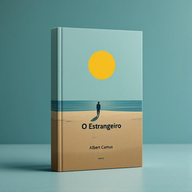 The cover features a solitary figure standing at the edge of a minimalistic beach. The figure is silhouetted against a bright, yellow sun, representing a sense of isolation and detachment. The colors used are muted and contrasting, with deep blues and sandy beiges, reflecting emptiness and emotional turmoil. The overall design conveys an existential crisis and invites contemplation.