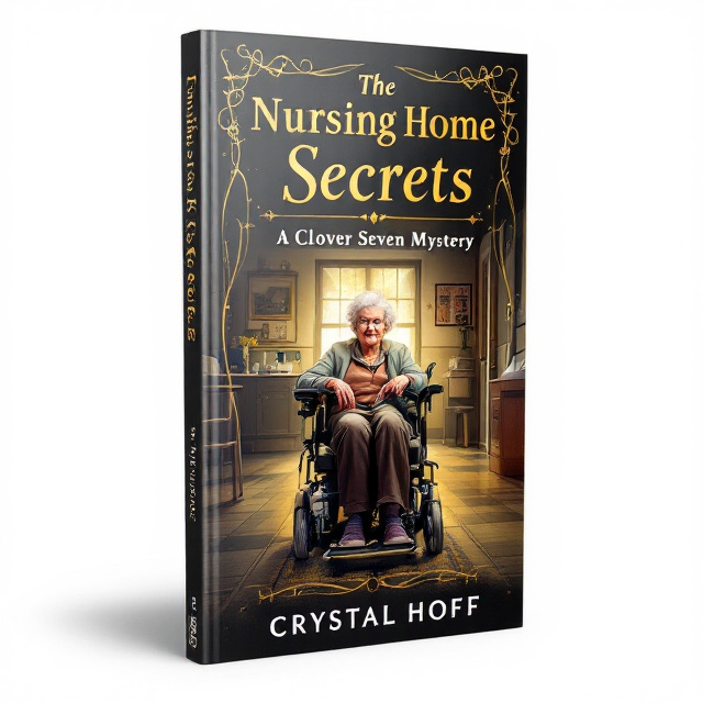 A central illustration of Elderly Betsy sitting in her motorized wheelchair, surrounded by a nursing home environment. The background is black with golden accents and highlights to add a touch of elegance and mystery.