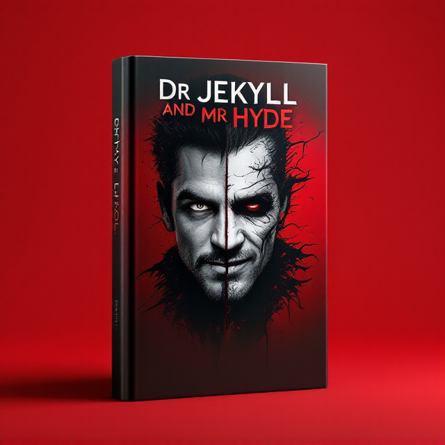 The cover features a split image of a person in the middle, representing the two personalities of Dr Jekyll and Mr Hyde. One side shows Dr Jekyll, portrayed as a well-respected doctor with a smile on his face, while the other side depicts Mr Hyde, with a sinister expression and devilish features. The background is a vibrant red color, symbolizing the dark and mysterious nature of the story.