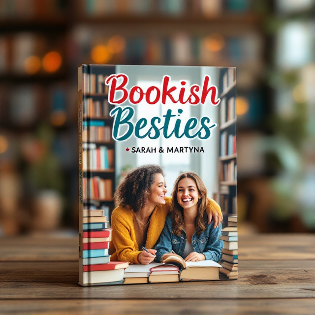 The cover features a warm, cozy image of two friends sitting side by side in a library, surrounded by stacks of books. They are engaged in a lively conversation, with smiles on their faces. The image is vibrant and filled with love and happiness.